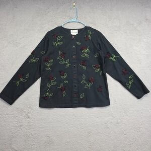 Quacker Factory Jacket‎ Womens S Black Floral Embroidered Ladybug Beaded Classic